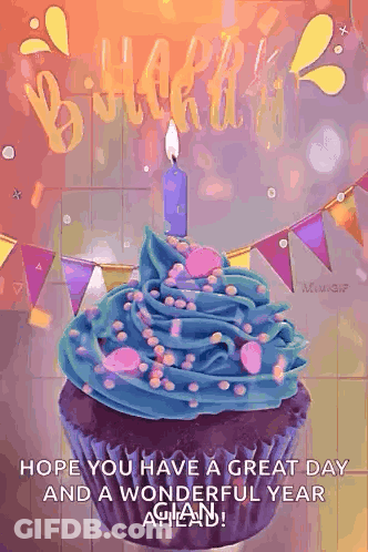 A Birthday Card With A Cupcake With Blue Frosting And A Lit Candle GIF