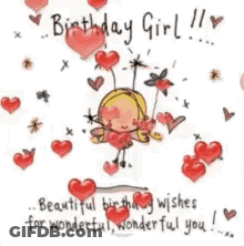 A Birthday Card With A Fairy Surrounded By Hearts And Flowers . GIF