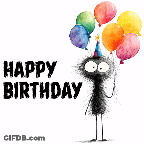 A Birthday Card With A Fly Holding Balloons And The Words Happy Birthday On The Bottom GIF