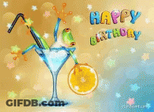 A Birthday Card With A Frog In A Martini Glass And The Words Happy Birthday GIF