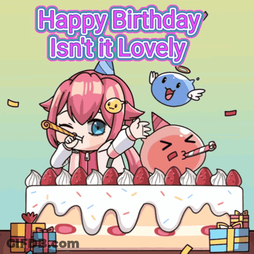 A Birthday Card With A Girl On A Cake And The Words Happy Birthday Isn 'T It Lovely GIF