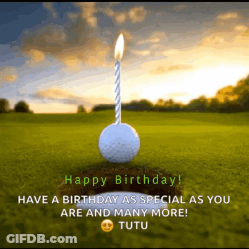 A Birthday Card With A Golf Ball And A Candle GIF