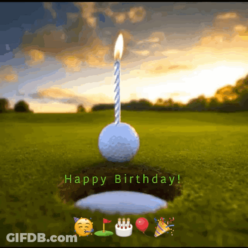 A Birthday Card With A Golf Ball With A Candle On It And The Words Happy Birthday GIF