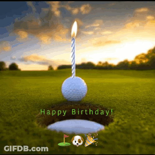 A Birthday Card With A Golf Ball With A Candle On Top Of It GIF