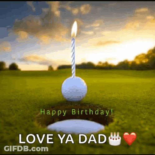 A Birthday Card With A Golf Ball With A Candle On Top Of It GIF