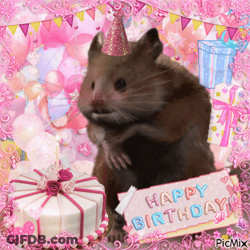 A Birthday Card With A Hamster Wearing A Party Hat And Holding A Sign That Says Happy Birthday GIF