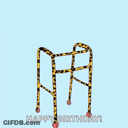 A Birthday Card With A Leopard Print Walker And The Words " Happy Birthday " GIF