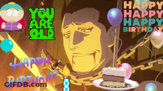 A Birthday Card With A Man Chained To A Chain And A Cake GIF