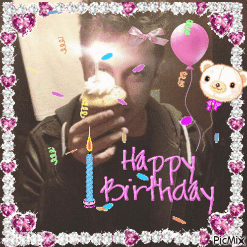 A Birthday Card With A Man Holding A Cupcake GIF