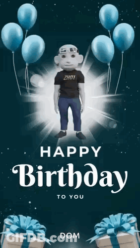 A Birthday Card With A Mascot And Balloons And Says Happy Birthday To You Dom GIF