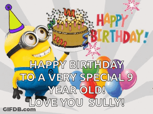 A Birthday Card With A Minion Holding A Cake GIF