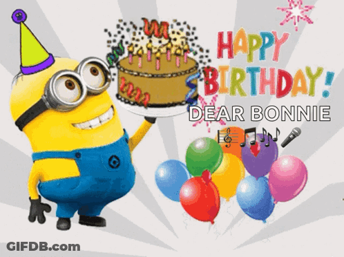 A Birthday Card With A Minion Wearing A Party Hat Holding A Cake GIF