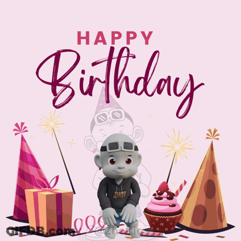 A Birthday Card With A Monkey And A Cupcake GIF