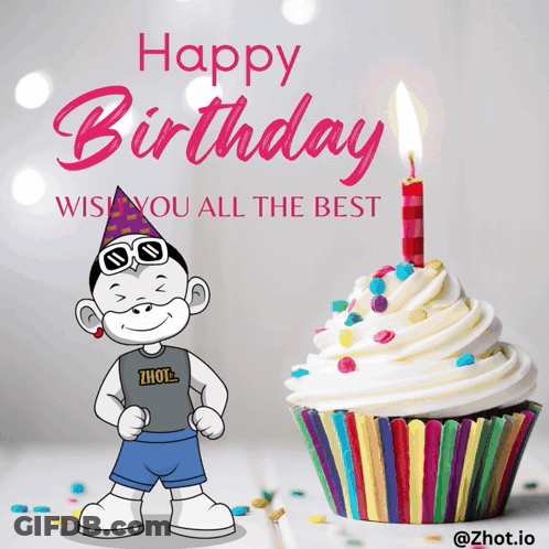 A Birthday Card With A Monkey And A Cupcake With The Words Happy Birthday Wish You All The Best GIF