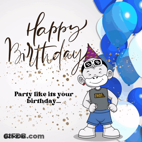 A Birthday Card With A Monkey Wearing A Party Hat GIF