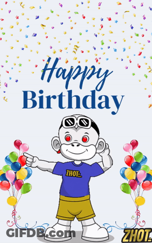 A Birthday Card With A Monkey Wearing A Zhot Shirt And Balloons GIF
