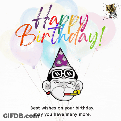 A Birthday Card With A Monkey Wearing Sunglasses And A Party Hat GIF