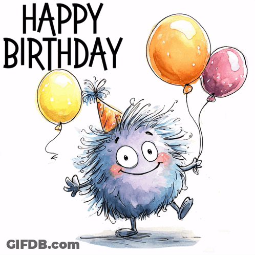 A Birthday Card With A Monster Holding Balloons And The Words Happy Birthday GIF