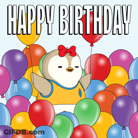 A Birthday Card With A Penguin Holding A Red Balloon GIF