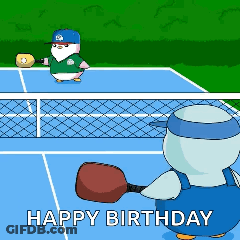 A Birthday Card With A Penguin Playing Tennis GIF