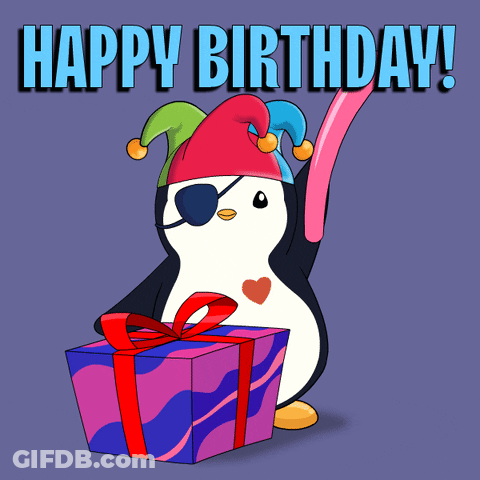 A Birthday Card With A Penguin Wearing A Jester Hat And Holding A Pink Balloon GIF