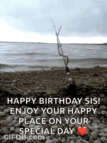A Birthday Card With A Picture Of A Fishing Rod On The Beach GIF