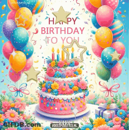A Birthday Card With A Pink Cake And Balloons Says Happy Birthday To You GIF