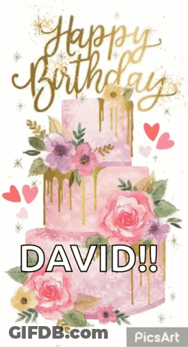 A Birthday Card With A Pink Cake And The Name David On It GIF