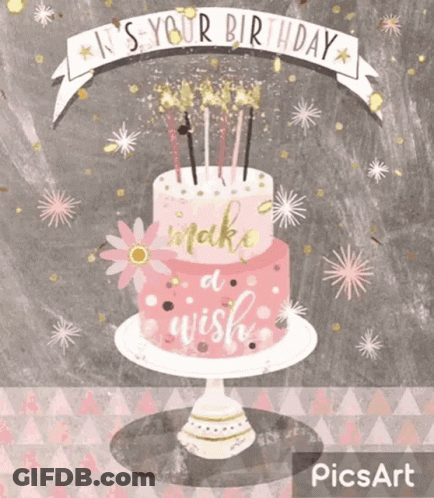 A Birthday Card With A Pink Cake That Says ' It 'S Your Birthday Make A Wish ' GIF