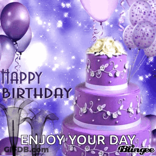A Birthday Card With A Purple Cake And Balloons Says " Happy Birthday Enjoy Your Day " GIF