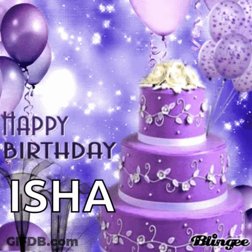 A Birthday Card With A Purple Cake And Balloons Says Happy Birthday Isha GIF