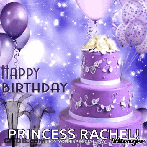 A Birthday Card With A Purple Cake And Balloons Says Happy Birthday Princess Rachel GIF