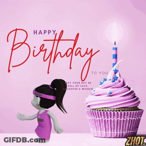 A Birthday Card With A Purple Cupcake And A Little Girl GIF