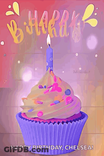 A Birthday Card With A Purple Cupcake With A Blue Candle GIF