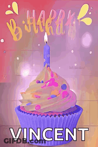 A Birthday Card With A Purple Cupcake With A Lit Candle And The Name Vincent On It . GIF