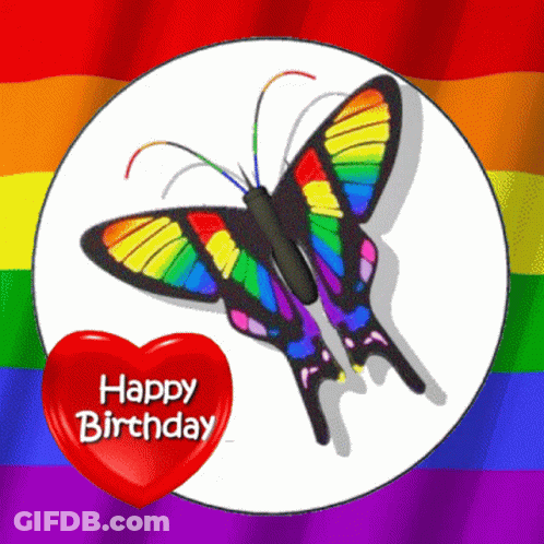 A Birthday Card With A Rainbow Butterfly And A Happy Birthday Heart GIF
