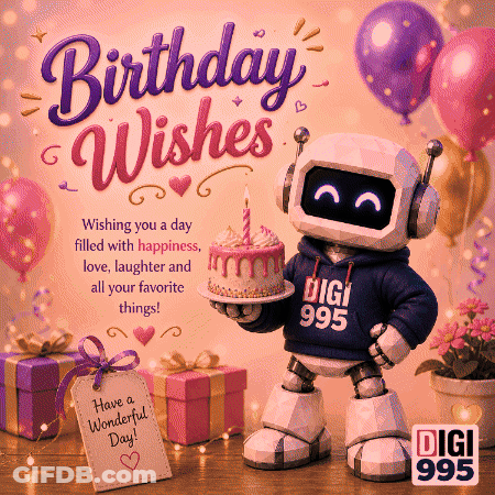 A Birthday Card With A Robot Holding A Cake And A Sign That Says Have A Wonderful Day GIF
