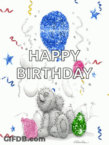 A Birthday Card With A Teddy Bear Holding A Blue Balloon And The Words Happy Birthday GIF