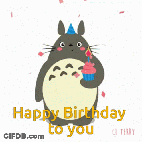A Birthday Card With A Totoro Holding A Pink Cupcake GIF
