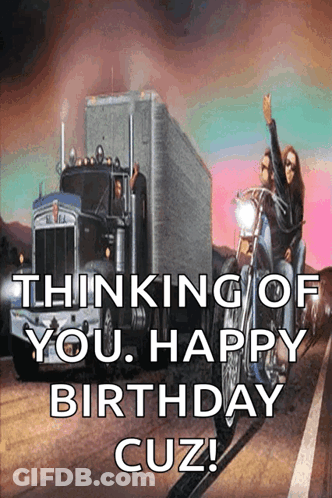 A Birthday Card With A Truck And Two People Riding Motorcycles . GIF