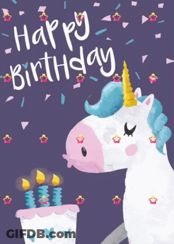 A Birthday Card With A Unicorn Holding A Cake GIF