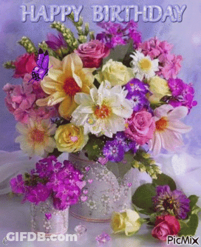 A Birthday Card With A Vase Of Flowers And A Butterfly On It GIF