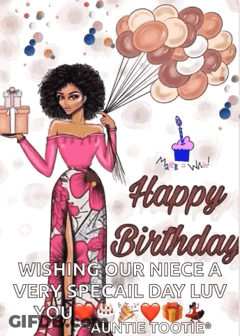 A Birthday Card With A Woman Holding Balloons And A Gift Box . GIF