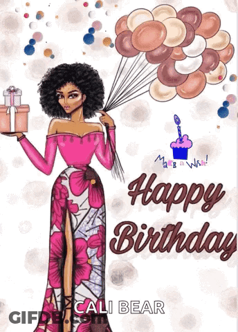 A Birthday Card With A Woman Holding Balloons And Gifts GIF