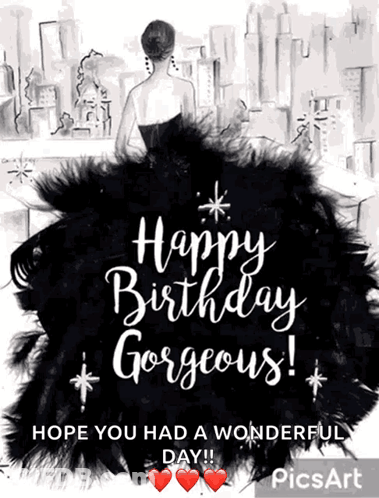 A Birthday Card With A Woman In A Black Dress And The Words " Happy Birthday Gorgeous " GIF