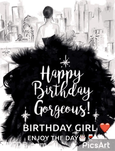 A Birthday Card With A Woman In A Black Dress And The Words " Happy Birthday Gorgeous " GIF