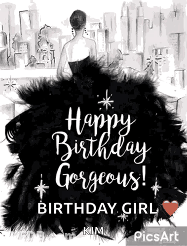 A Birthday Card With A Woman In A Black Dress And The Words Happy Birthday Gorgeous . GIF