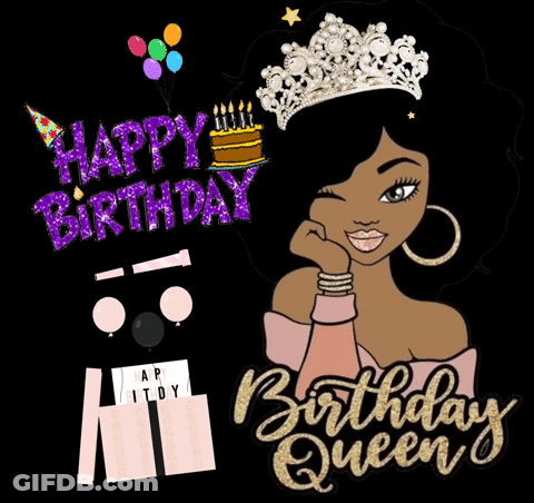 A Birthday Card With A Woman Wearing A Crown GIF