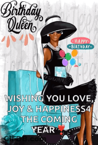 A Birthday Card With A Woman Wearing A Hat And Holding Balloons GIF