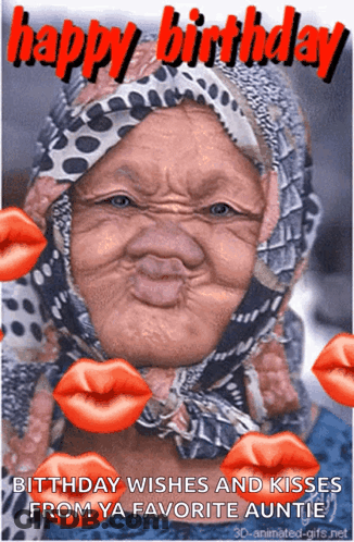 A Birthday Card With A Woman Wearing A Scarf And Kisses GIF